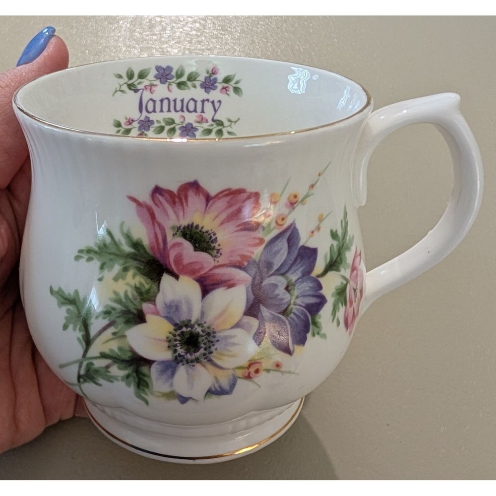 Vintage January Monthly Flower Mug With Gold Trim, Cottagecore, Made In Taiwan